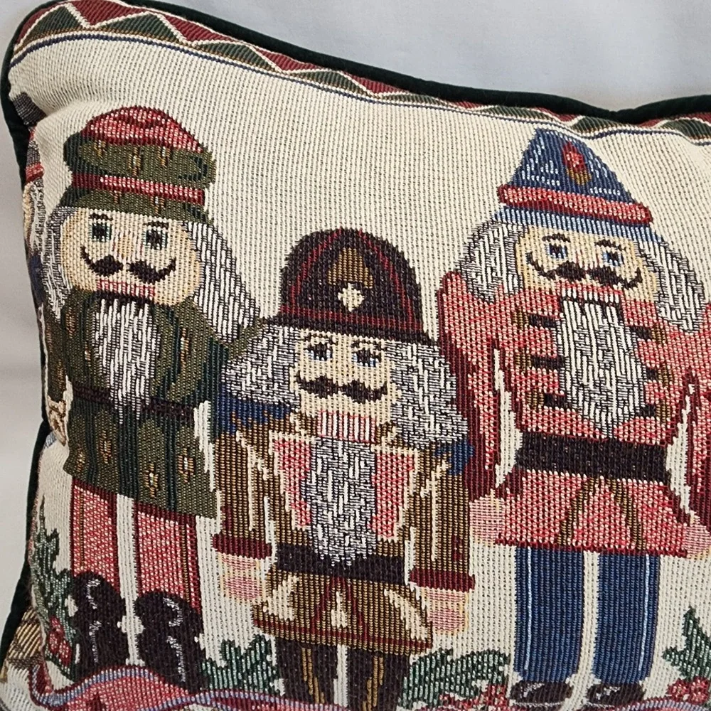 Nutcracker Tapestry Lumbar Pillow Green Velvet Back Christmas Holiday Decor